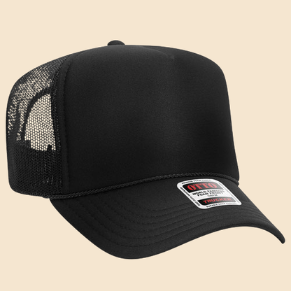 Black and black OTTO 5-panel mesh trucker hat by High Desert Hats, featuring a structured crown and adjustable snapback closure.