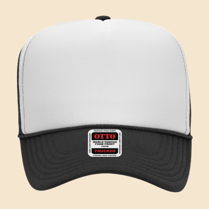 Black and white OTTO cap, 5-panel mesh trucker hat by High Desert Hats, featuring a classic trucker style with breathable mesh panels.