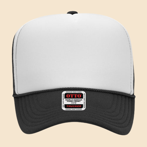 Black and white OTTO cap, 5-panel mesh trucker hat by High Desert Hats, featuring a classic trucker style with breathable mesh panels.
