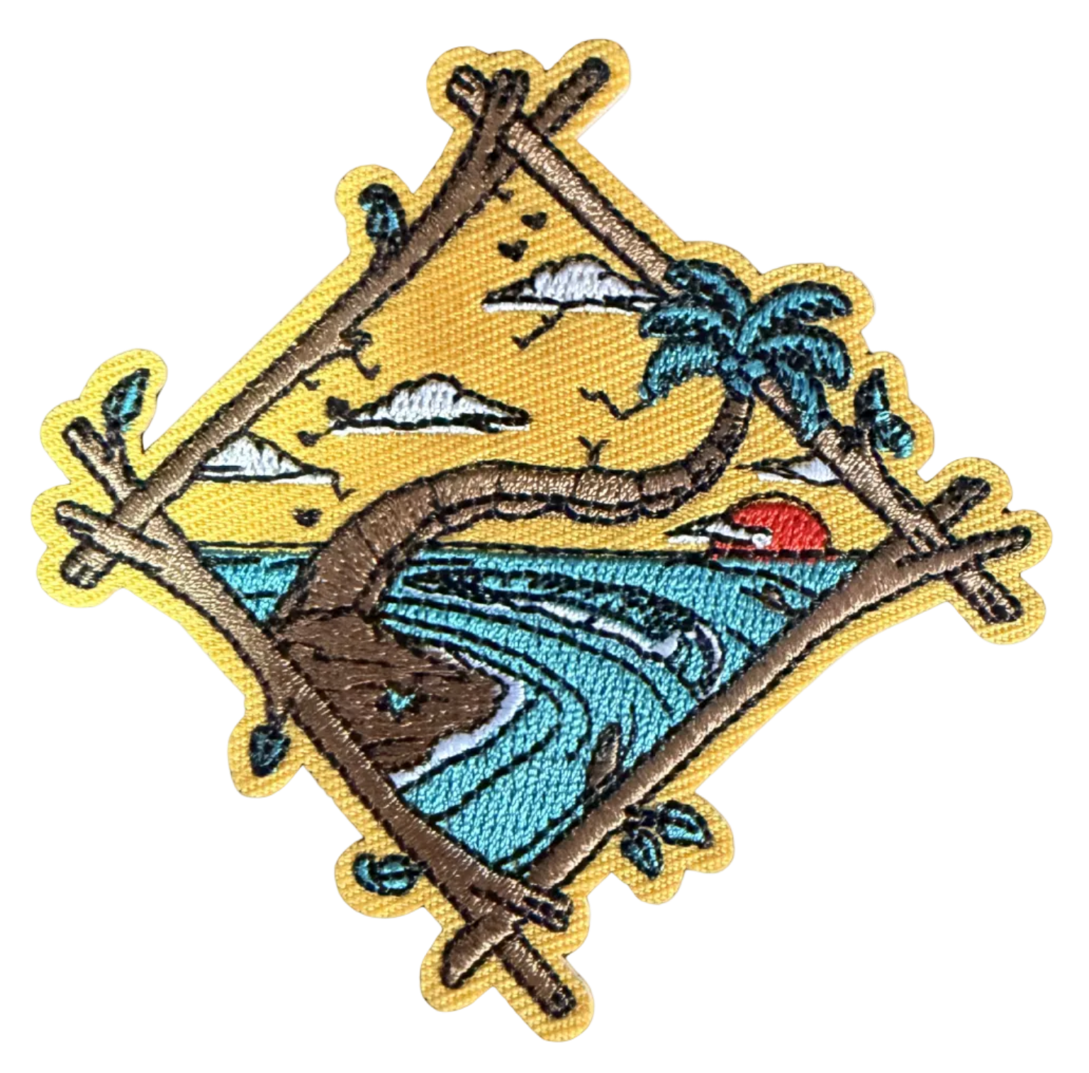 Tropical Beach Diamond Patch by High Desert Hats featuring vibrant tropical beach scene with palm trees and ocean imagery.