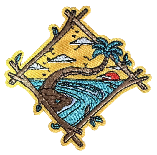 Tropical Beach Diamond Patch by High Desert Hats featuring vibrant tropical beach scene with palm trees and ocean imagery.
