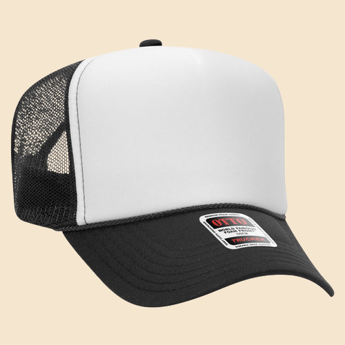 Black and white OTTO 5-panel mesh trucker hat by High Desert Hats, showing adjustable strap and classic cap style.